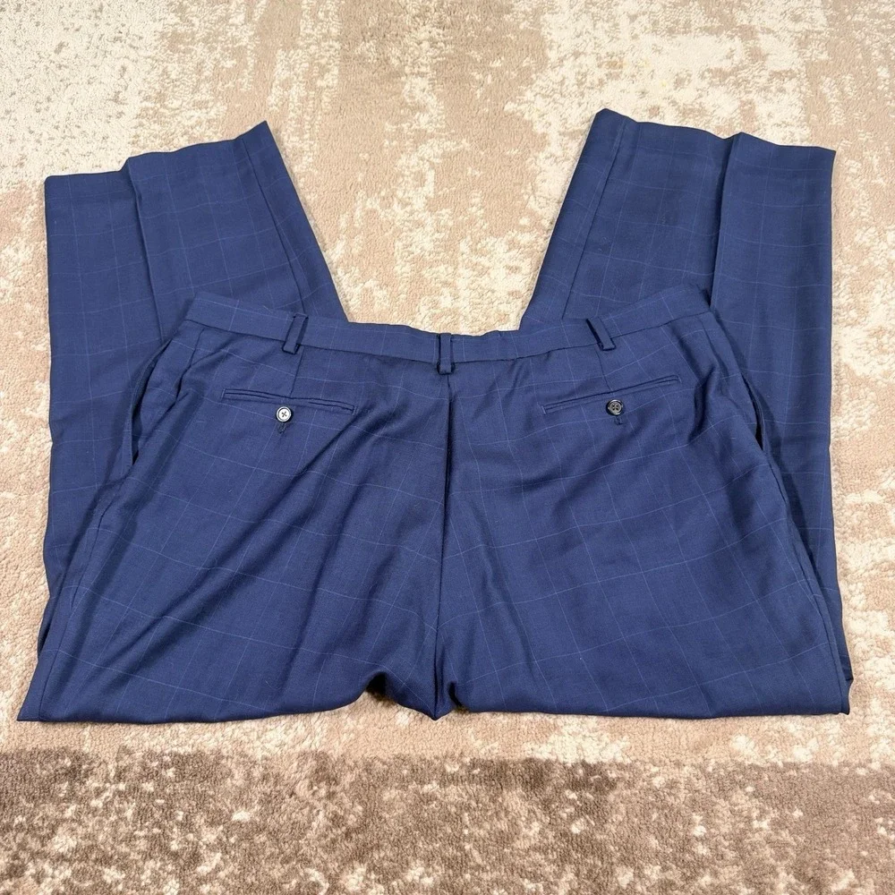Ralph Lauren 2 PC Suit Men's 48R Blue Wool  Windowpane Plaid 42x29 Business